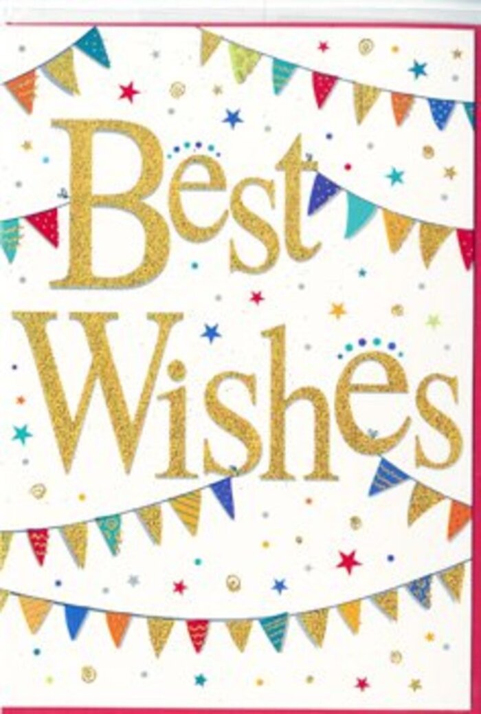 In this image, a crisp white congratulations card radiates a sense of festive charm, the sort you might associate with a lively gathering in one of Belmont's leafy streets. At the heart of the design sits the elegant message Best Wishes, written in a sweeping cursive style and rendered in gleaming gold foil. The metallic finish catches the light in such a way that the letters appear almost illuminated, adding a sense of luxury without feeling formal or distant. Their slightly raised texture hints at a premium, tactile quality that you could feel with the pad of your finger. Curving above and below this central greeting are strings of bunting that echo the arcs of laughter and conversation at a celebration. Each pennant is small but distinctive, painted in vivid colours-cobalt blue, cherry red, forest green, sunshine yellow, and deep magenta-some with neat stripes, others decorated with dots or tiny mosaic-like patterns. The flags hang in relaxed curves, as though gently lifted by an invisible breeze drifting down a Belmont side street on a summer's afternoon. Around these bunting garlands, a scattering of miniature five-pointed stars and tiny coloured dots give the impression of confetti tossed mid-air, frozen in a perfect, jubilant moment. The design is clean yet exuberant, with plenty of white space so the colours and the golden text can breathe. It feels like a card chosen to accompany a thoughtfully arranged bouquet sent within Belmont-ideal for congratulating someone on a promotion, new home, or personal achievement-carrying with it a quiet promise of support, encouragement, and joy shared between neighbours.