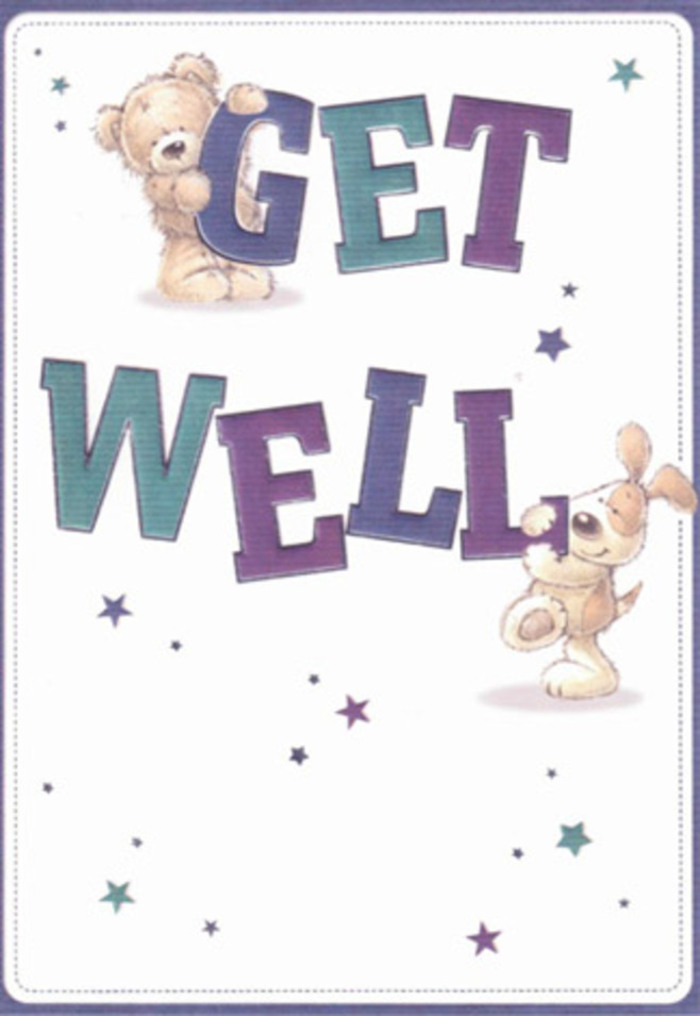 Evoking comfort and reassurance, this get well card is a delightful scene animated by the friendly presence of asoft, honey-brown bear and an affectionate puppy, their figures softly rounded and warmly textured. Scattered throughout are cheerful pastel stars, which seem to float like gentle wishes through the airy composition-a motif reminiscent of the optimism felt walking the familiar streets of Belmont, perhaps near Belmont Recreation Ground. The typeface is generously bold and shaded in layers of regal purple and cool aqua, anchoring the playful mood while making 'Get Well' leap vividly from the creamy, pristine background. There's an almost tangible sense of coziness here: one can imagine the plush fibres of the bear's fur beneath gentle fingers and the silky cascade of the puppy's ears, inviting a sense of touch and security. The entire illustration glows with an uplifting, nurturing spirit, much like the bouquets crafted by local florists that brighten homes across Belmont. Each painterly detail feels as though it's been chosen with the same thoughtful intent that goes into arranging fresh blooms-designed not just to please the eye but to soothe and support the heart. This card's blend of innocent joy and quiet confidence makes it a perfect companion to a hand-tied bouquet delivered locally-a double gesture of positivity and heartfelt care for a neighbour, friend, or loved one in Belmont needing gentle encouragement.