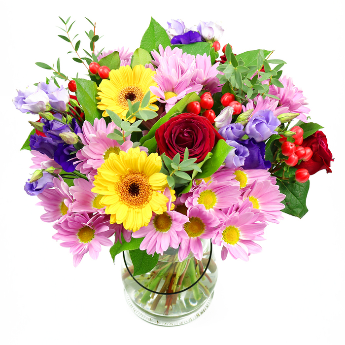 A lush, mixed-colour bouquet brimming with seasonal character stands in a cylindrical clear glass vase, set before a pure white backdrop that lets every shade and texture shine. This arrangement feels like a refined yet cheerful gift you might have delivered to a Belmont home to mark a special birthday or a new beginning. Deep red roses gather at the core, their velvety petals curling inward in layered spirals that speak of classic romance. Just off-centre, two striking yellow gerbera daisies beam with golden light, their radiant petals encircling dark brown-orange centres that draw the eye. Surrounding them, large clusters of soft pink daisies or chrysanthemums spill outward, each composed of many slim petals and tiny yellow centres that soften the overall look and add a sense of fullness. Threading through these pastel and jewel tones are graceful lisianthus blooms in purple and lavender, their slightly ruffled, cup-like flowers rising on slender stems, introducing gentle height and a cool, refined note. Scattered among the petals, round red hypericum berries catch the light like tiny jewels, contributing playful texture and a hint of contemporary style. A rich mix of foliage in several shades of green-broad, glossy leaves paired with lighter, airy sprigs-fills out the design, suggesting the freshness of nearby Belmont green spaces after a light shower. Through the transparent vase you can see the stems carefully trimmed and aligned in clear water, a quiet testament to the florist's trained hands. The overall impression is one of joyful abundance and thoughtful balance, an eye-catching centrepiece that brings warmth, celebration, and natural beauty into everyday Belmont life.