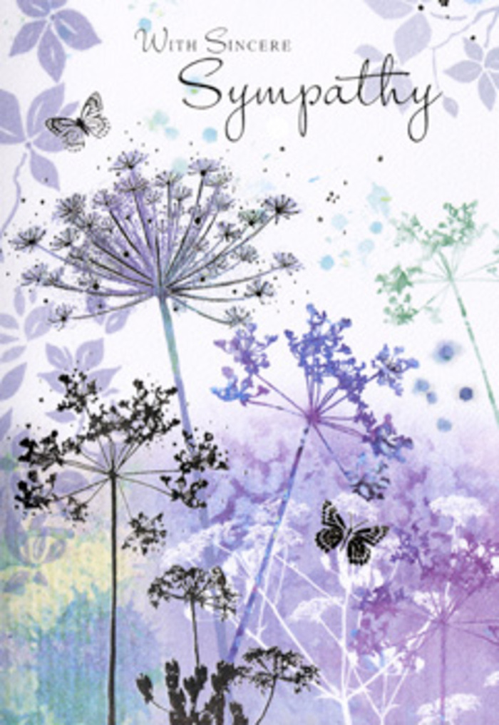 The design inside this sympathy card captures the quiet strength of nature in a moment of stillness: tall, spindly wildflowers, with their umbelliferous heads and fine filament-like stems, emerge from a ground of soft violets, powdery blues, and muted greens. The colours bleed into one another like watercolour on textured paper, evoking the soft morning light you might find crossing Belmont's green spaces before the day truly begins. Each flower head is delicately etched, with filigree details that feel almost hand-drawn, as if an artist carefully studied wild blooms along a hedgerow and translated their resilience into line and shade. Behind the flowers, the background drifts out of focus, a gentle blur that adds depth without stealing attention, much like a dewy field seen from a respectful distance. Two butterflies hover above the wispy petals, their subtle presence suggesting continuity and the unseen connections that endure beyond loss. The lighting within the illustration is diffuse and tender; there are no sharp shadows, only soft transitions that cradle the imagery in calm. Hints of silvery green and cool lavender create a soothing atmosphere, ideal for moments when words feel inadequate. As a Belmont florist accustomed to guiding families through the process of choosing funeral tributes, I recognise how this card's artwork supports that journey: it invites a pause, a slow breath, and a quiet remembrance, offering a gentle visual space where love, sorrow, and gratitude can coexist without pressure or noise.