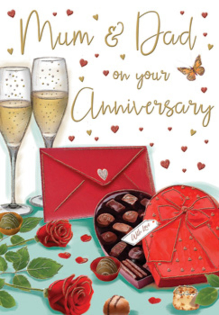 Luxurious anniversary card illustration that feels like a lovingly arranged still life on a Belmont family dining table, created to honour Mum & Dad with warmth and style. Dominating the scene are two sumptuous red roses, their petals layered and soft, painted so vividly that you can imagine their fragrance drifting through a quiet evening at home. The roses are nestled against fresh green leaves, which add depth and a natural contrast to the intense ruby tones. Close by rests an open, heart-shaped box of chocolates, perfectly positioned to invite sharing. Each chocolate is individually drawn, smooth and tempting, some lighter, some darker, suggesting a mix of creamy centres and rich truffles. A wide red satin ribbon encircles the box, tied in a generous bow whose lush loops and trailing ends echo the curves of the roses' petals. Behind this inviting pair, two champagne flutes stand tall and close, each filled with golden, effervescent champagne. The bubbles appear suspended mid-rise, capturing that precise moment just before a celebratory clink, like an anniversary toast shared after a relaxed walk around Belmont's quiet residential streets. The background is sprinkled with tiny hearts in shimmering gold and deep crimson, gently drifting around a hand-lettered greeting, giving the whole design a softly romantic glow. Off to one side, a scarlet envelope lies ready, its crisp edges and pointed flap suggesting a cherished handwritten anniversary message. The tableau, with its rich colours and subtle highlights, conjures the sounds, scents, and emotions of a family celebration-roses at their peak, chocolate shared slowly, and champagne enjoyed in honour of years of love and commitment.