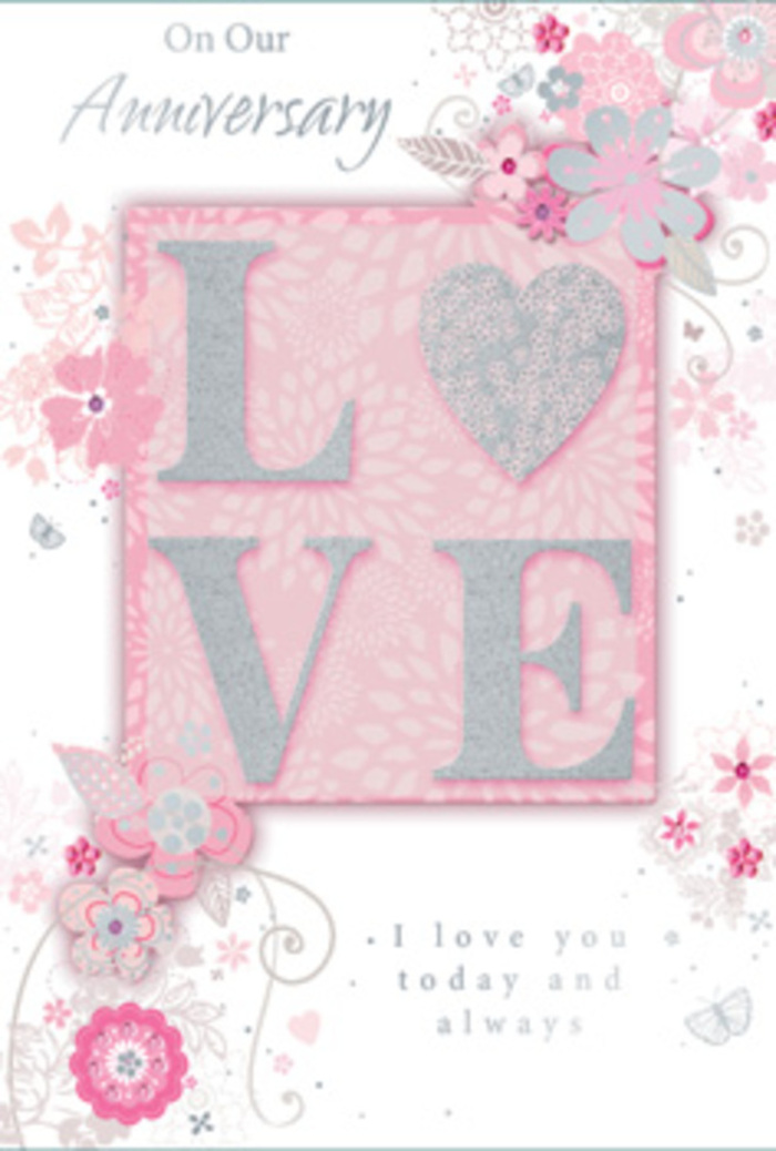 This elegant anniversary card could easily sit beside a vase of fresh roses on a Belmont windowsill, its design echoing the gentle romance of a hand-tied bouquet. At its heart, the word LOVE appears in raised, glittered letters, the surface slightly frosted so that each stroke catches the light with a soft, silvery sparkle. The lettering is framed by a tender palette of blush pinks, creamy whites, and subtle hints of lilac and silver, all set against a softly tinted pink background that feels as calming as a quiet evening stroll through the residential streets near Belmont. Around the central word, wispy, hand-drawn flowers and leafy sprays drift along the borders, their outlines fine and graceful, like pencil sketches a florist might make when planning a romantic arrangement. The blooms overlap here and there, some petals shaded more deeply to suggest depth and movement, while slender vines curl in delicate arcs, guiding the eye around the card. Tucked between the floral flourishes, an understated message-I love you today and always-rests in simple, graceful type, adding emotional weight without overpowering the design. Small, almost hidden butterflies and filigree curls soften the edges, hinting at fluttering hearts and cherished memories. The card's overall feeling is one of quiet, enduring love, like a bouquet chosen from a local Belmont shop and delivered just in time for an anniversary dinner. It is both visually and emotionally textured, a paper keepsake that mirrors the tenderness of fresh, thoughtfully arranged flowers.