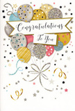 A sophisticated congratulations card is shown as though resting on a table ready to accompany a gift in Belmont, its entire design devoted to honouring a special achievement. The focal point is a lush cluster of balloons, gathered like a bouquet and rising gracefully from the bottom of the card. Each balloon is softly rounded and rendered in complimentary tones of shimmering gold, polished silver, champagne cream, soft sky blue, blush pink and gentle grey. Some are adorned with tiny metallic stars, others with slim stripes or delicate flecks of glitter, creating the impression of light dancing across their surfaces, much like the glow of streetlamps on a calm evening in Belmont. From the base of the balloons, slender metallic ribbons tumble downward in elegant curls, crossing and looping with natural ease, as though swaying gently in celebration. Floating across the centre is a refined banner that reads Congratulations To You in graceful, calligraphic script, its letters slightly stylised to suggest care and importance. Around this central motif, the pale background is sprinkled with miniature stars, dots, and curled lines, mimicking a burst of confetti caught mid-air, yet arranged thoughtfully so the design feels both festive and serene. The card conveys an atmosphere of genuine pride and warm delight, the kind of feeling you might experience when delivering flowers and good news to a friend or family member nearby. It's a timeless visual tribute to success-ideal for graduations, promotions, or personal milestones-captured in a palette of soft metallic tones that keeps the scene radiant without becoming overwhelming.