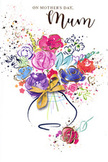 On this Mother's Day card, a lively watercolour bouquet bursts into view, as if freshly imagined by a Belmont florist who knows how to blend artistry with sentiment. The flowers are a mix of rich purples, berry reds, and playful pinks, softened by cool touches of sky blue and lavender, all loosely defined with inky indigo outlines. Fine, shimmering strokes of gold trace the contours of petals and leaves, adding a luxurious glimmer that recalls the way evening light skims across Belmont's quiet terraces. The bouquet is gathered into a softly curved vase tied with an elegant golden bow, its shape only partially filled with colour so that the clean white of the card peeks through and keeps the overall look light and airy. Around the central arrangement, clouds of splattered paint, tiny hearts, and scattered dots create a halo of celebration, like the joyful mess left after wrapping gifts and writing cards on a family table. Each bloom appears to lean outwards with an almost animated energy, suggesting hugs, laughter, and whispered thanks. The colours blend and overlap in places, creating gentle transitions that feel like shared memories - school runs, bedtime stories, and long chats over tea. The scene captures not a realistic bunch of flowers, but the feeling they bring when delivered to a mother's door in Belmont: surprise, warmth, and a sense of being cherished. This painted bouquet becomes a visual love letter, offering a soft, radiant expression of gratitude that lingers long after Mother's Day has passed.