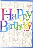 The photograph presents a colourful birthday card that seems to hum with celebration, much like the buzz of friends gathering for a party in Belmont. Dominating the front is the phrase Happy Birthday, written in big, confident letters that sweep across the card from left to right. Each individual letter wears a different shade, arranged in a luminous rainbow sequence: deep reds and berry tones lead into glowing oranges and sunshine yellows, which melt beautifully into grassy greens, ocean blues, and velvety purples. The gradient feels smooth and intentional, reminiscent of a carefully arranged display of mixed flowers where every tone has its place. Behind this joyful typography, the background is covered with repeating lines of Happy Birthday to you written in an elegant golden script. The script has a fine, looping style and a subtle metallic sparkle, catching the light in delicate highlights that make the card appear almost gently illuminated. Around the main message, tiny flecks and specks of colour echo the look of scattered confetti or tiny stars, enhancing the feeling of a lively celebration. The card's surface appears satin-smooth, with a slight reflective quality that suggests a premium finish, like something you'd choose for a truly special milestone. The overall design balances bold colour with refined detail, making it an ideal companion to a bouquet delivered locally in Belmont-perfect for brightening a birthday breakfast table, a favourite corner of the living room, or a desk at work when someone is being surprised with thoughtful birthday wishes.