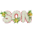 A tender, dignified tribute spells the word SON in three-dimensional block letters, each letter formed from hundreds of small, pristine white chrysanthemums that create a soft, cloud-like surface. Around every letter a delicate border of clustered red blooms-resembling spray carnations or tiny clustered berries-traces each curve and angle, giving the piece a quietly defined silhouette and a warm, contrasting rim against the white petals. At the upper curve of the S, the lower center of the O, and the right stroke of the N, bright yellow orchid- or lily-like blossoms nestle into the white, their sunny petals lifting the composition with a gentle glow. Lush green foliage and fine fern fronds thread between the flowers, adding depth, trailing lines, and a natural, comforting texture that balances the sculpted letters. The finish is neat and sculptural, presented against a plain white background so every detail-petal edge, ribbon loop, and leafy tendril-reads clearly and respectfully.

The overall mood is one of solemn love and thoughtful craftsmanship, suitable as a graveside or funeral tribute where clarity and gentle colour matter. As a local florist familiar with Belmont and nearby Sutton, I picture this tender arrangement placed in a chapel by Belmont Station or left quietly at a family home near Belmont Village after a service at a local crematorium. The chrysanthemums' faint, earthy sweetness and the orchids' waxy sheen give a sense of calm permanence; the red edging offers a symbolic touch of love and courage. This description aims to convey the visual and emotional presence of the arrangement for someone who cannot see it, honoring both the workmanship and the sentiment behind a personalised memorial piece.