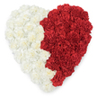 An overhead portrait of a large heart-shaped tribute crafted entirely from densely packed carnations, presented against a crisp white backdrop so every petal and shadow reads clearly. The left half of the heart is a sea of off-white to creamy carnations, their ruffled, layered petals forming a plush, almost tactile surface that catches soft, even light and suggests a gentle, powdery scent. The right half is composed of countless vivid red carnations; their deeper tone and compact blooms create a warm, luminous field that sits in striking contrast to the pale side. The two colour fields meet in the centre along a clear vertical divide that is slightly wavy rather than rigid, giving the piece an organic, hand-shaped silhouette. From this elevated viewpoint you can appreciate the meticulous floral technique: each carnation positioned so its layered frills nestle against its neighbours to form a dense, textured carpet of blooms. The overall effect is both comforting and bold - a graphic expression of love and remembrance that reads as intimacy from close up and as a striking emblem from a distance. In a local context this two-tone heart resonates like a ceremonial emblem you might see laid at a community memorial in Belmont Park or displayed in the window of a town hall during a civic observance. The arrangement suggests themes of unity and contrasting emotion - gentleness and passion - and is crafted to be both visually accessible and emotionally resonant for anyone seeking a dignified floral statement in the Belmont area.