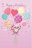 A whimsical birthday card design shows a pastel celebration that could easily belong to a joyful party in Belmont, captured in a single, charming image. The scene is set against a soft pink canvas, where balloons in gentle shades of blush, sea green, lemon yellow, and lilac float upward with light, buoyant energy. Each balloon wears its own decorative story: candy-like stripes swirl around some; playful polka dots drift across others; delicate floral patterns and a prominent heart-shaped balloon at the centre radiate warmth and affection. They gather around thin, trailing strings that lead down to a compact bouquet resting at the base, as if the flowers are the heart from which the celebration rises. The bouquet itself is rich with detail-delicate roses and anemone-style blossoms in creamy ivory, blush pink, and soft mauve nestle together, petals layered in feathery textures that invite the mind to imagine their gentle fragrance. Hints of greenery peek through, while a neatly tied violet satin bow holds the stems in a graceful bundle, catching the light with a subtle sheen like ribbons on a carefully wrapped gift from a local Belmont florist. Scattered throughout the background are tiny golden stars and fluttering butterflies, giving a faint sense of fairy-tale magic, similar to the excitement of preparing a birthday table at home. The interplay of matte petals, shiny balloons, and luminous accents creates a mood that is airy, sweet, and full of hopeful wishes, perfectly suited to mark a bright, unforgettable birthday moment nearby.