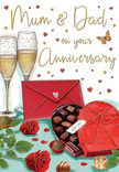 Elegant anniversary card artwork evoking a cosy, heartfelt celebration for parents, illustrated in a palette of crimson, gold, and soft ivory tones that echo the warmth of Belmont homes. In the centre of the scene, a pair of fully opened red roses lies gracefully on a smooth surface, their petals plush and velvety, swirling outward in generous spirals. The green leaves that surround them are glossy and fresh, giving the composition the feel of a carefully arranged bouquet from a trusted local shop like Belmont Florist. Just beside the blooms, a romantic heart-shaped box of chocolates sits open, revealing a tidy array of truffles and pralines. The chocolates are shaded with care, each piece rounded or squared, suggesting different fillings ready to be savoured together. A striking red bow wraps around the box, its satin folds catching the light and introducing a touch of occasion, as if it had just been presented during an intimate anniversary dinner. Slightly behind, two tall champagne glasses stand side by side, filled with pale golden liquid alive with tiny, rising bubbles. The light glints along the rims and stems, giving the impression of a gentle glow similar to evening light falling through Belmont windows. Around this central arrangement, small hearts in gold and crimson drift across the background, surrounding a delicate Mum & Dad message that anchors the card firmly as a tribute to shared years. A deep red envelope rests in the foreground, closed but inviting, hinting at affectionate words penned inside. The whole composition radiates affectionate celebration-roses, chocolate, and champagne unified into a tender portrait of enduring family love.